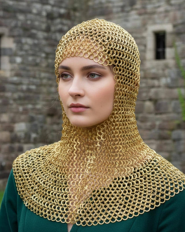 Ren Faire Brass Chainmail Coif – 9mm Flat Riveted with Washer