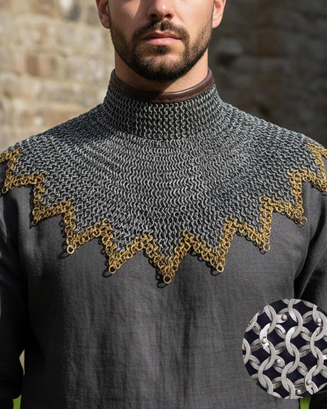 Renaissance Chainmail Collar- Flat Riveted And Washers with 3 Brass Rows
