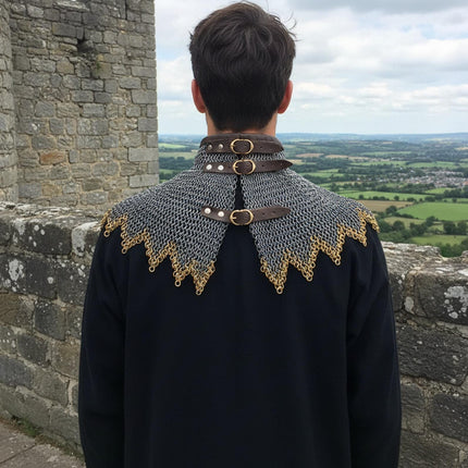 Renaissance Chainmail Collar- Flat Riveted And Washers with 3 Brass Rows