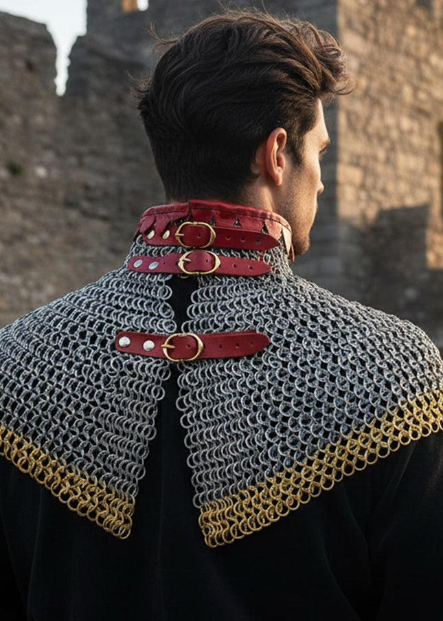 Chainmail Neck Collar Armor – Flat Riveted & Washer with Brass Rows