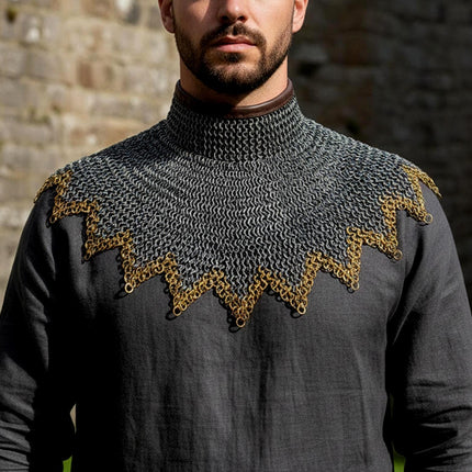 Renaissance Chainmail Collar- Flat Riveted And Washers with 3 Brass Rows