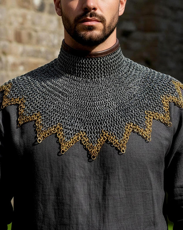Renaissance Chainmail Collar- Flat Riveted And Washers with 3 Brass Rows