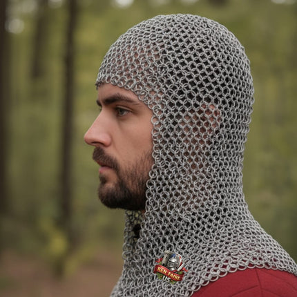 Butted Aluminum Chainmail Coif – V-Neck Silver Ren Faire Hood for LARP Armor