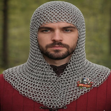 Butted Aluminum Chainmail Coif – V-Neck Silver Ren Faire Hood for LARP Armor