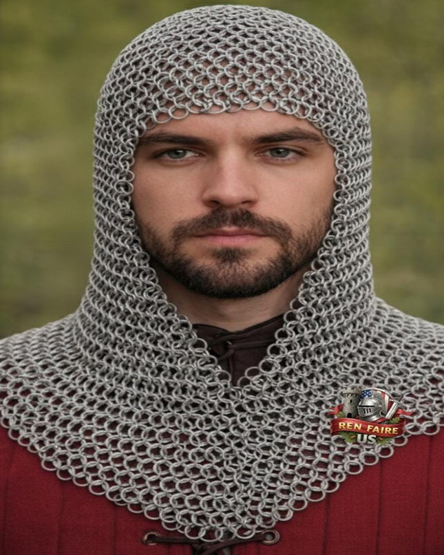 Butted Aluminum Chainmail Coif – V-Neck Silver Ren Faire Hood for LARP Armor
