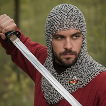 Butted Aluminum Chainmail Coif – V-Neck Silver Ren Faire Hood for LARP Armor
