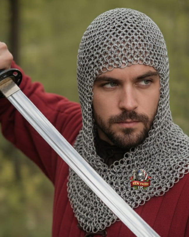 Butted Aluminum Chainmail Coif – V-Neck Silver Ren Faire Hood for LARP Armor