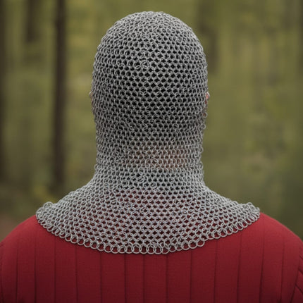 Butted Aluminum Chainmail Coif – V-Neck Silver Ren Faire Hood for LARP Armor