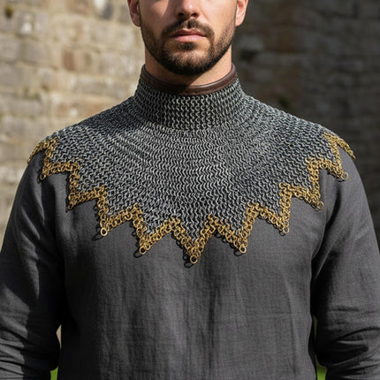 Renaissance Chainmail Collar- Flat Riveted And Washers with 3 Brass Rows