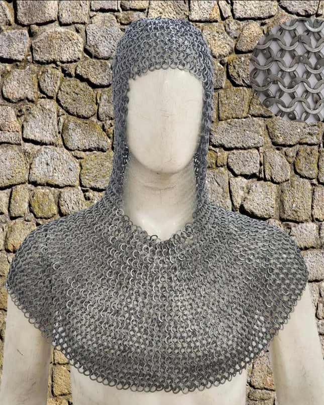 LARP Chainmail Coif – 9mm Flat Riveted Rings with Flat Washers