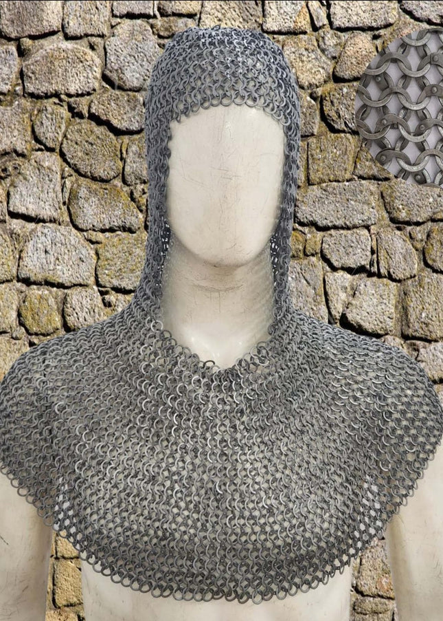 LARP Chainmail Coif – 9mm Flat Riveted Rings with Flat Washers