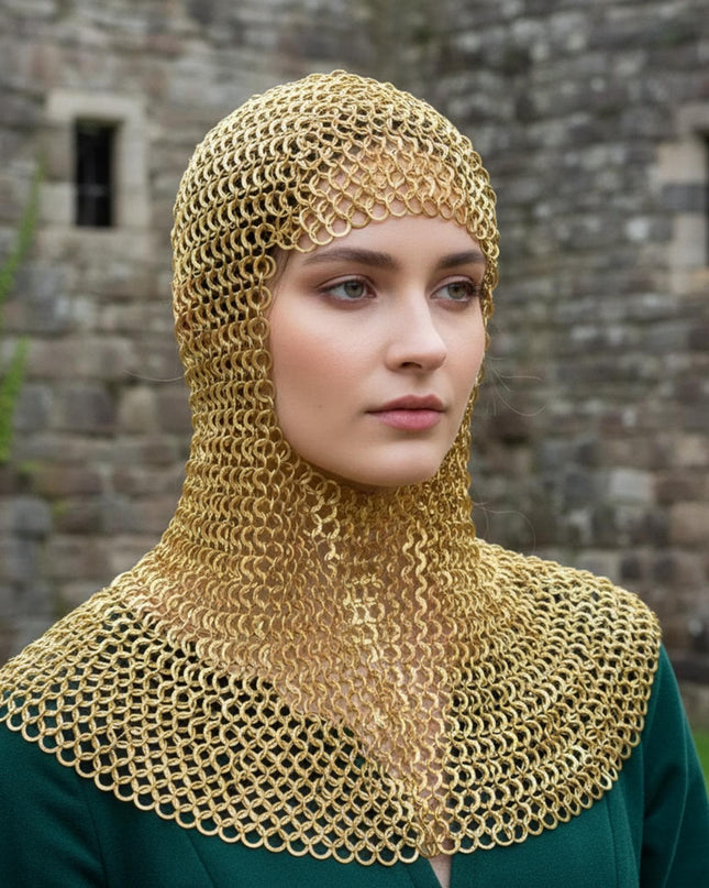 Ren Faire Brass Chainmail Coif – 9mm Flat Riveted with Washer